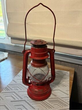 Vintage Red Metal Oil Lantern - Decorative Home Accent